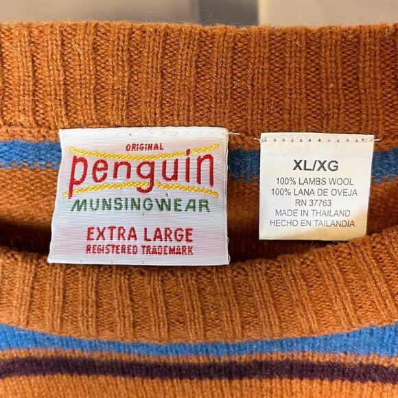 Penguin Munsingwear Sweater Mens XL Burnt Orange Striped Lambs Wool Preppy Retro - Picture 2 of 7
